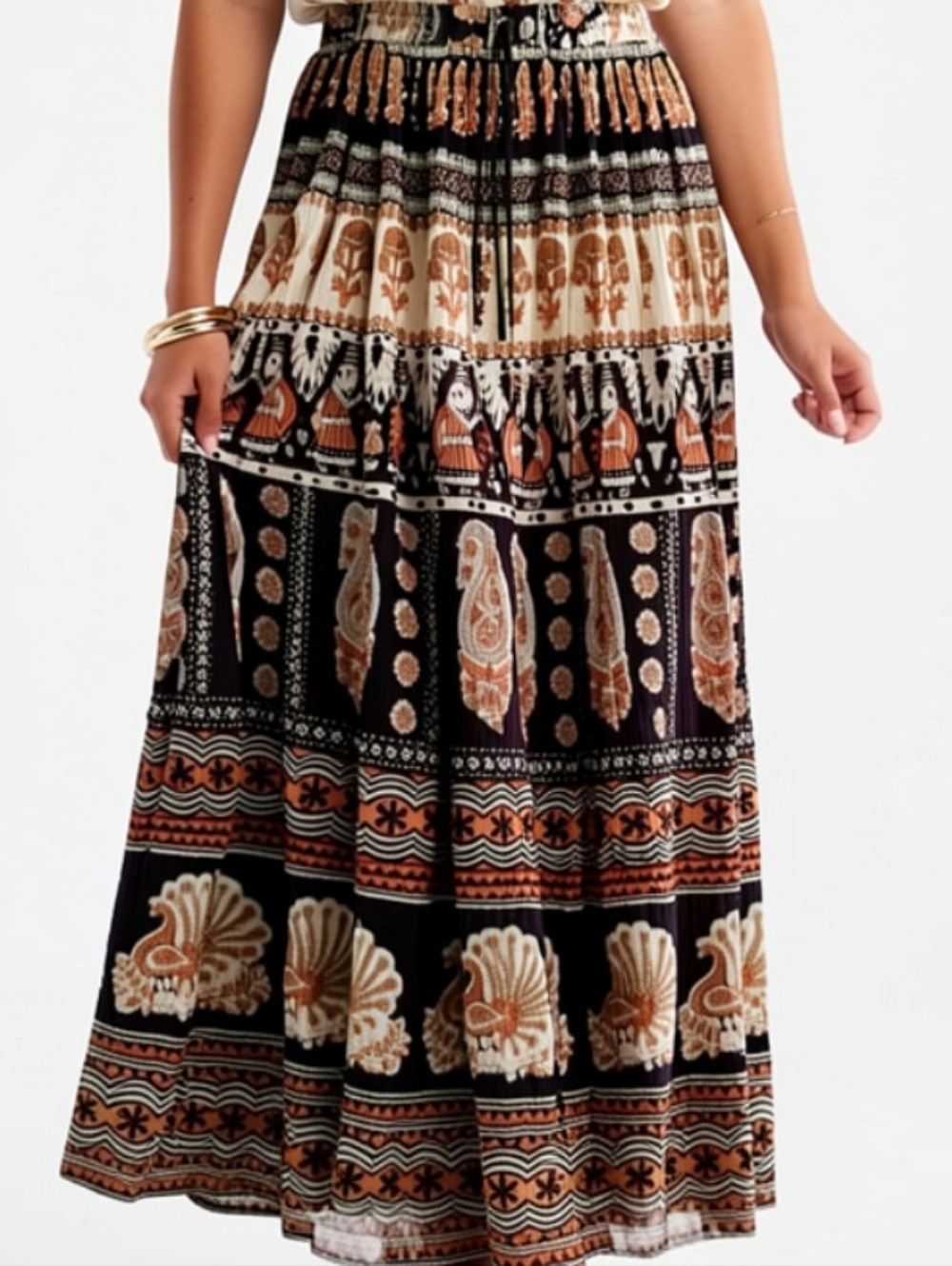 XL🍀Vintage Black, Cream & Rust Boho Tiered Maxi Skirt